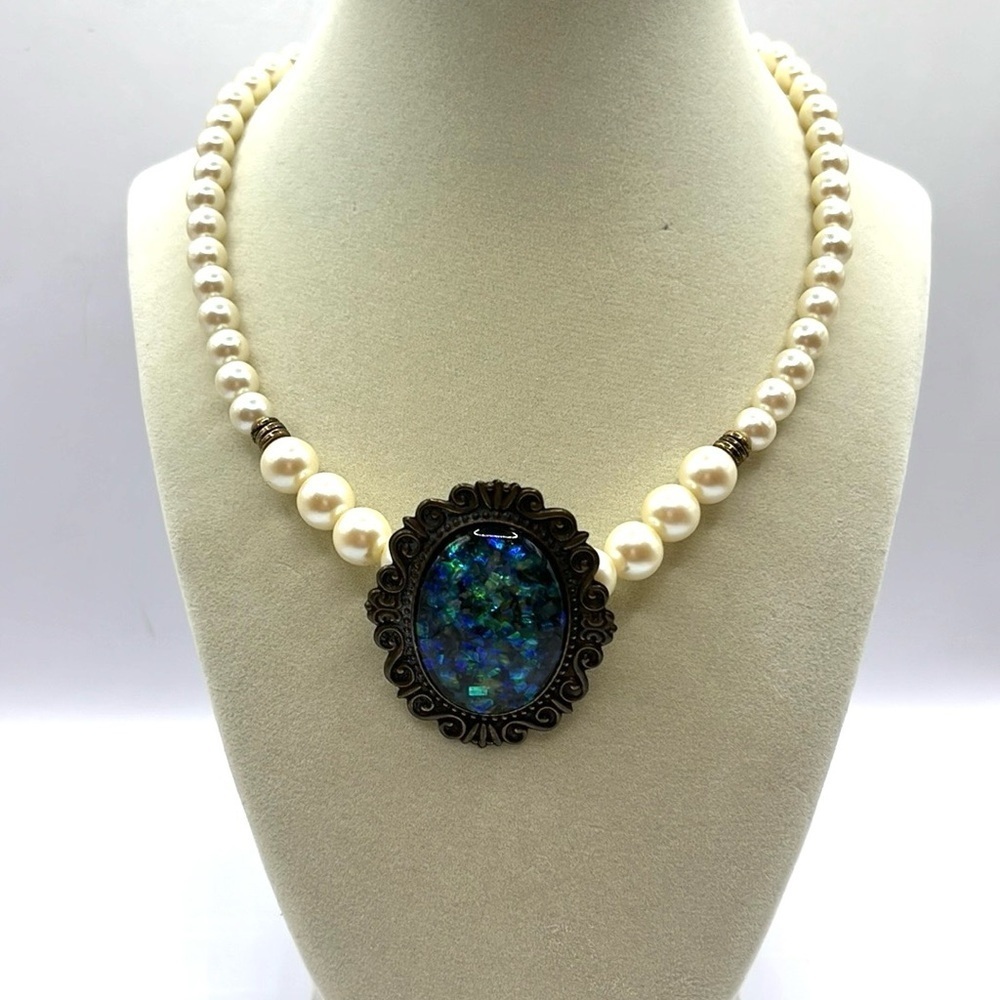 Vintage Cameo Blue-Green Pendant Specks On a Pearl Necklace Statement Victorian